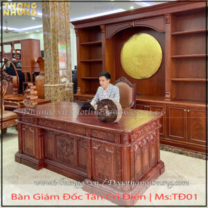 Bàn chủ tịch mẫu tổng thống mỹ gỗ tự nhiên kích thước 217cm được làm bằng chất liệu gỗ gõ đỏ, PU màu óc chó phù hợp với nội thất màu gỗ óc chó