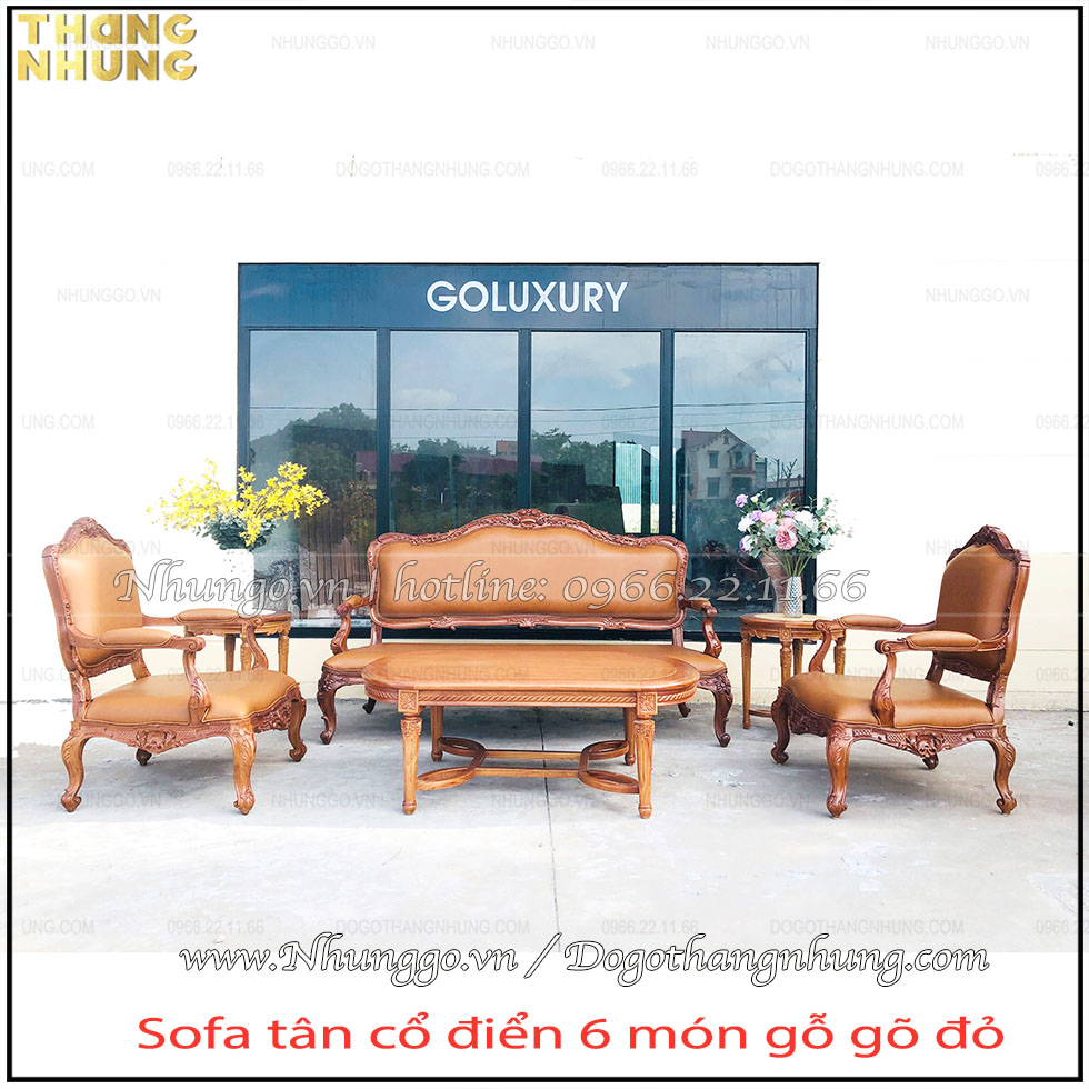 Sofa tân cổ điển tiếp khách trong phòng làm việc được làm bằng gỗ gõ đỏ và bọc da công nghiệp cao cấp