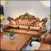 Sofa hoàng gia tân cổ điển gỗ tự nhiên gồm: 01 sofa, 2 ghế sofa đơn tân cổ điển ,1 bàn trà và 02 đôn hoa.