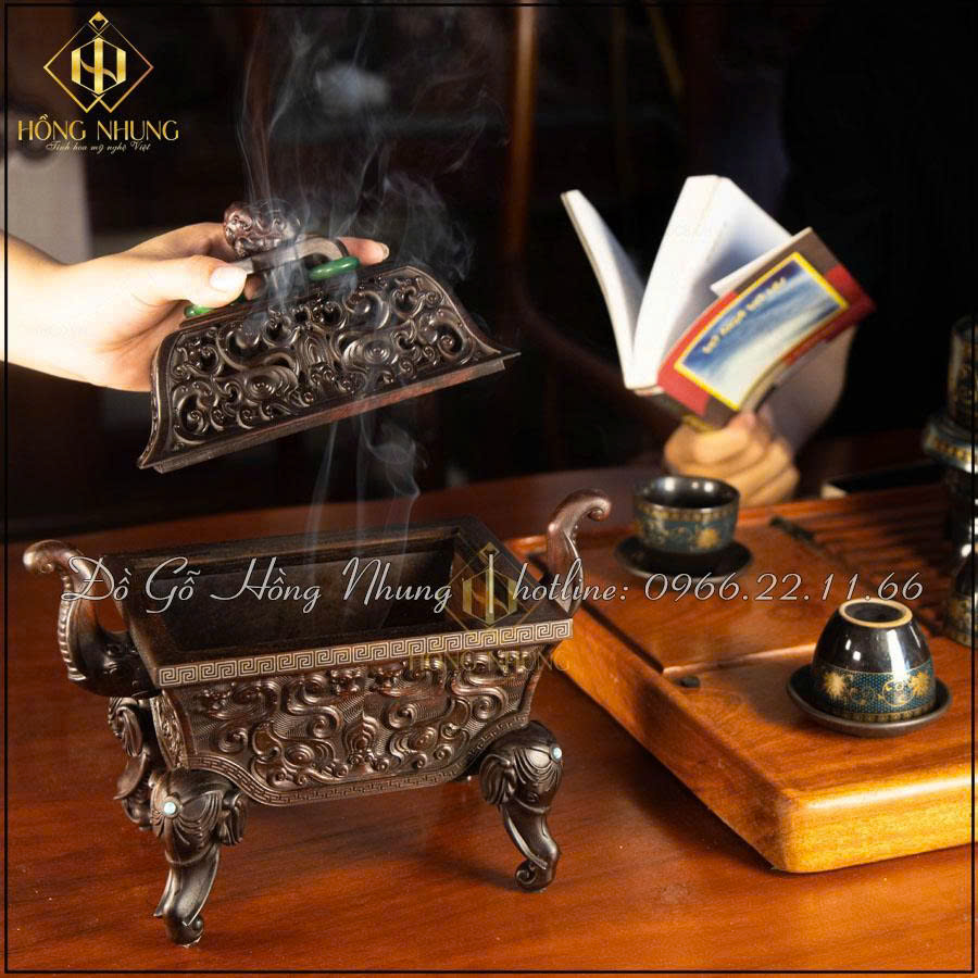Lư xông trầm hương gỗ trắc đen tinh sảo để phòng trà