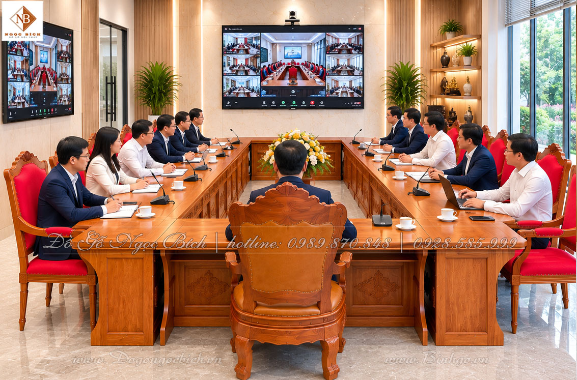 Bộ bàn ghế họp trực tuyến ghế bọc vải đỏ là lựa chọn nổi bật cho các hội trường cần thể hiện sự trang nghiêm, sang trọng và có tính nhận diện cao.
