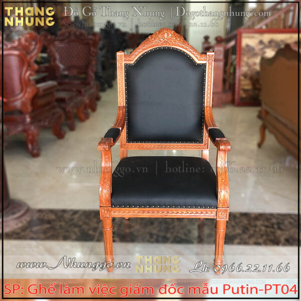 Ghế làm việc giám đốc mẫu Putin kích thước sản phẩm cao 133cm,rộng 63cm, sâu 60cm ghế được sản xuất từ gỗ tự nhiên sơn PU Imchem cao cấp vân gỗ tự nhiên đẹp kiểu dáng sang trọng bề thế.