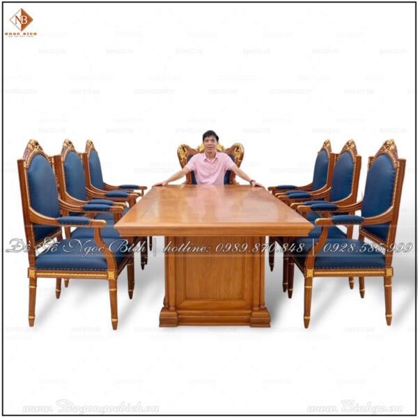 Bộ Bàn ghế Họp đủ bộ bọc da xanh coban dát vàng